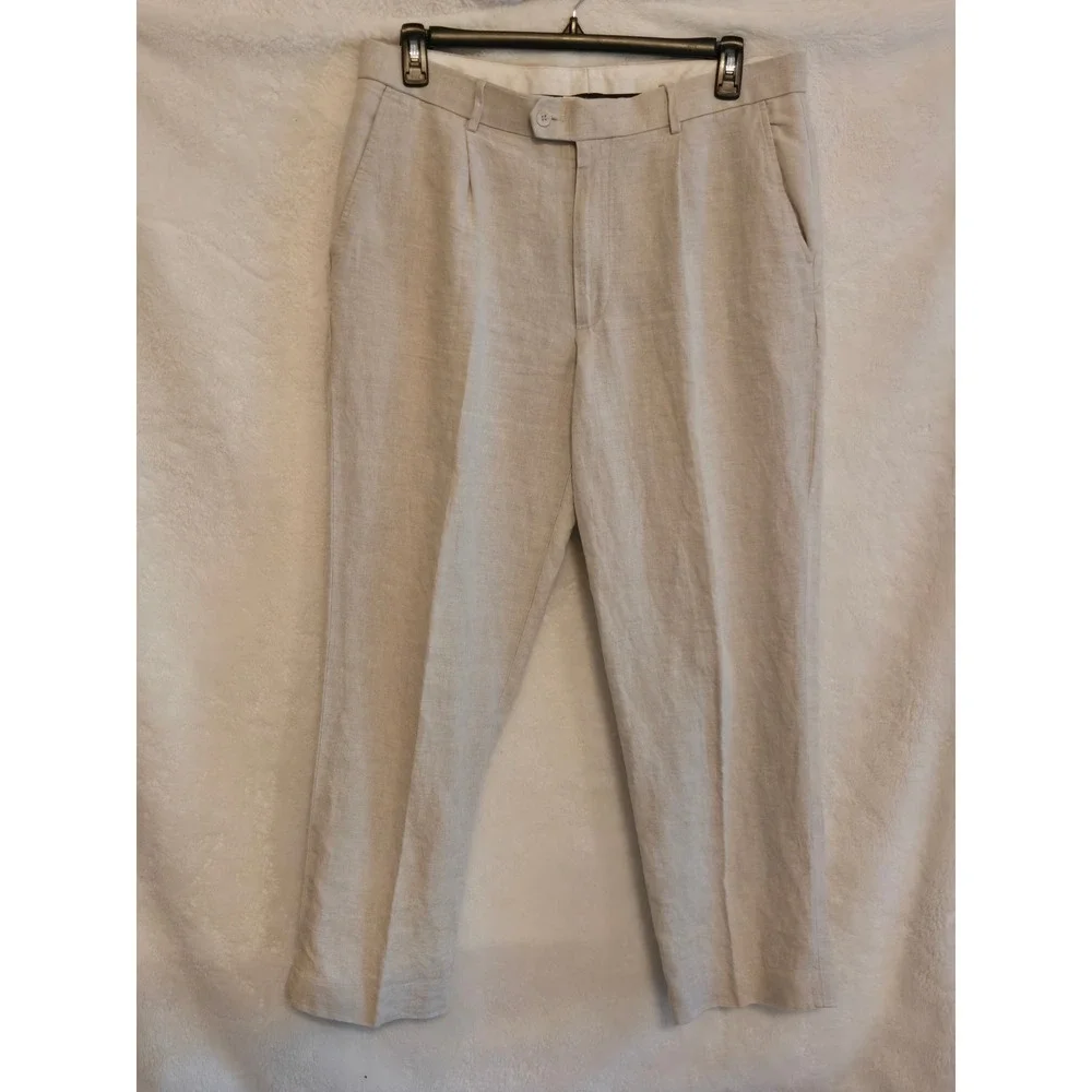 Murano Mens 100% Linen Pleated Dress Pants 38x32(30) Oatmeal Beige Straight Leg
